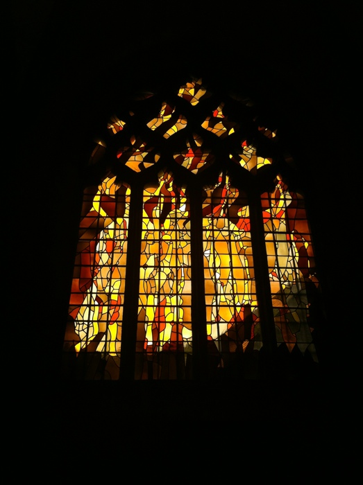 Stained glass Walking The way of St James between St Come D'Olt and Estaing written and prohotographed by Charles Hawes. Route St Jacques.